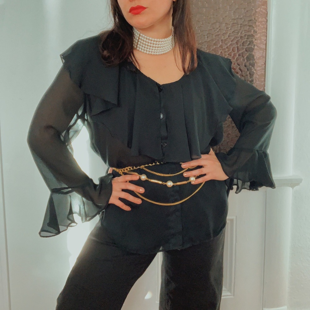 Vintage Black Ruffle Sheer Blouse
